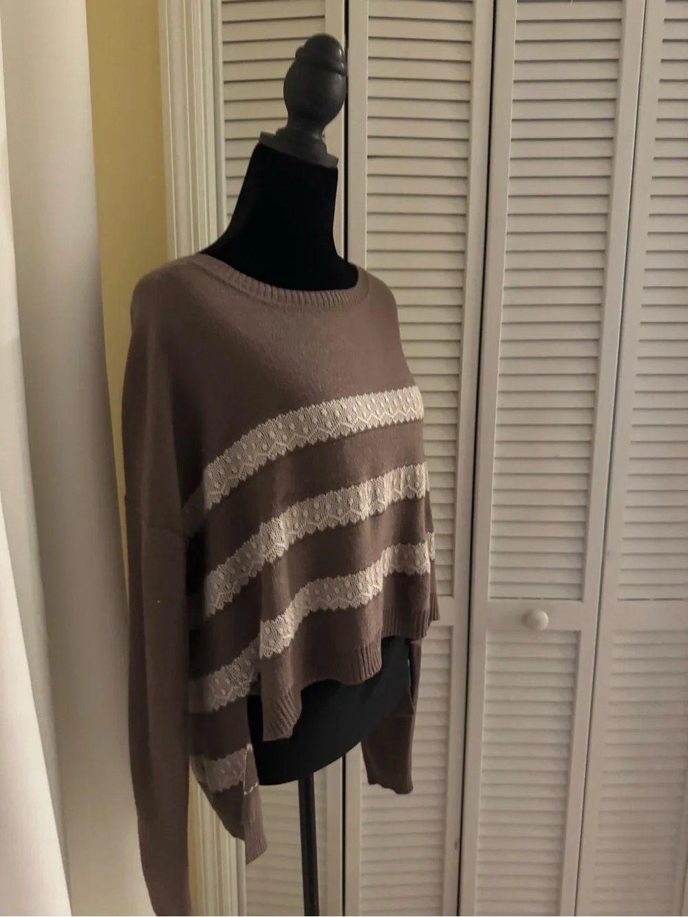 Romeo & Juliet Couture Taupe Sweater with Cream Lace Stripes